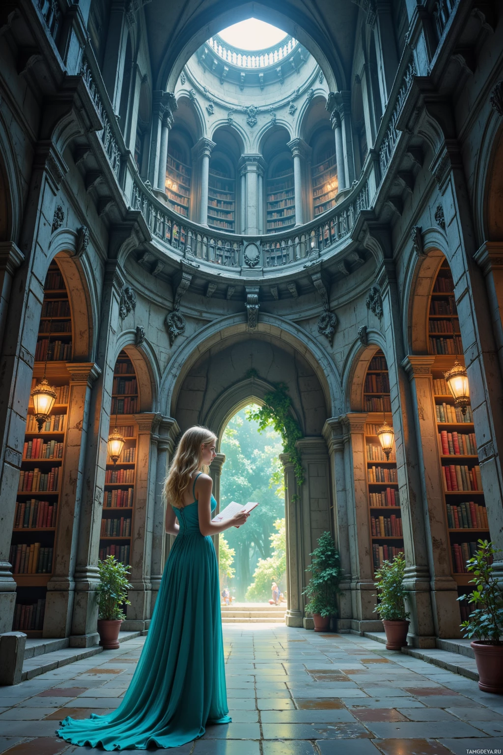 A woman in a teal dress stands in a grand library, holding a book.
