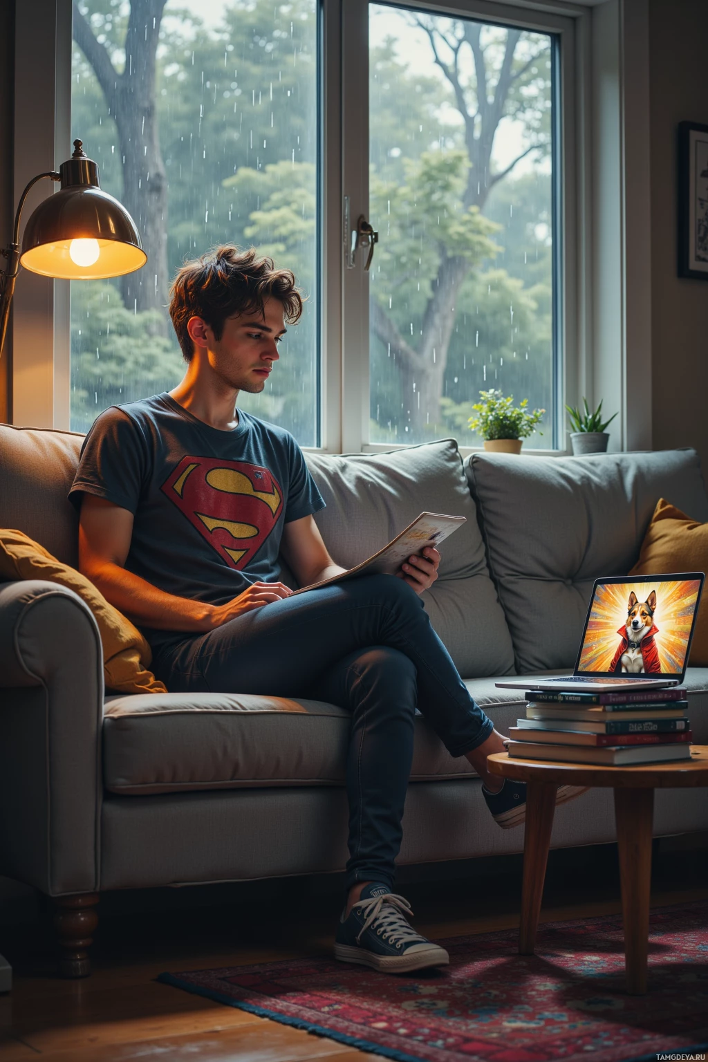 A person sits on a couch reading a book, with a laptop and books on a small table nearby, and rain falling outside the window.