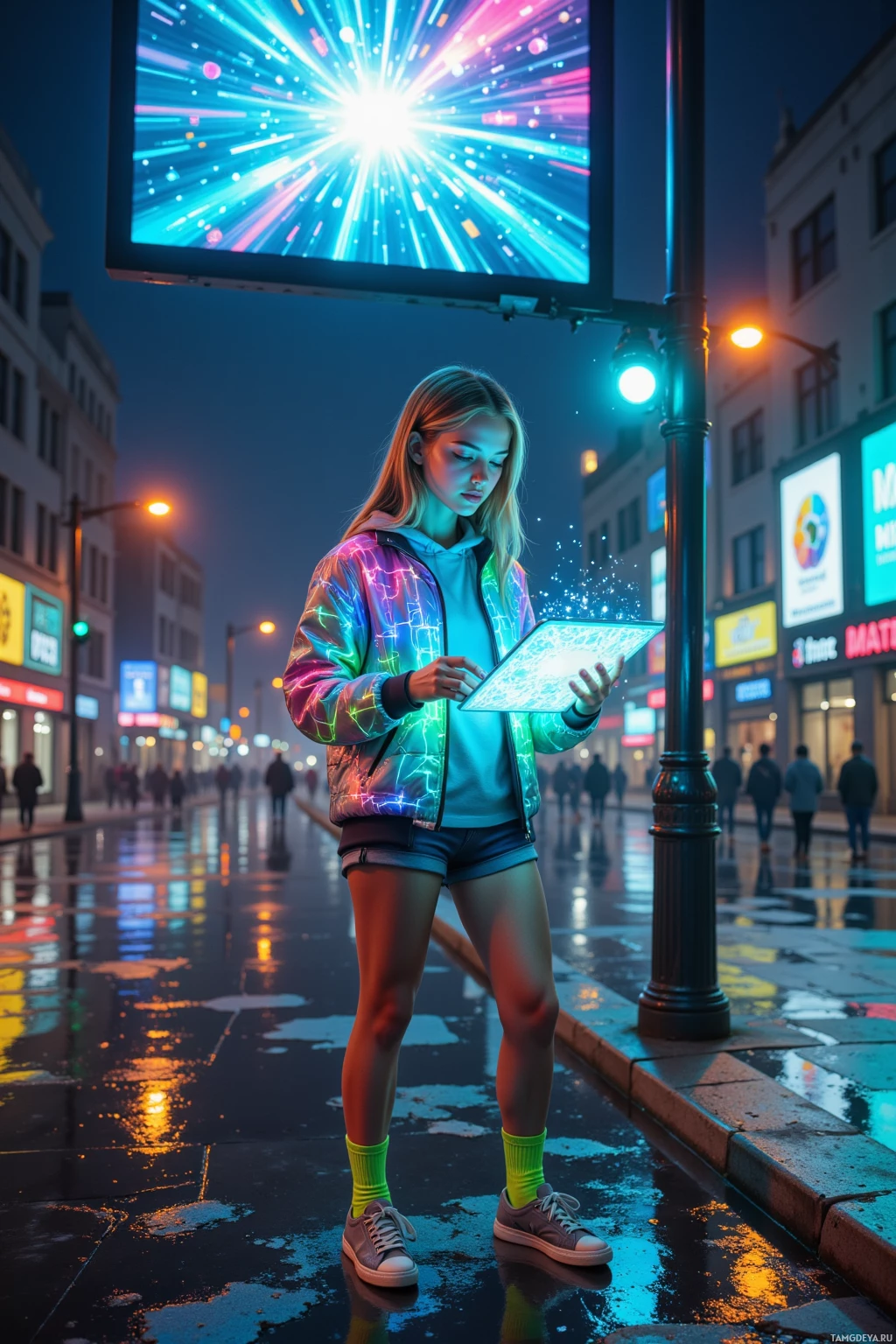 A person stands on a wet street at night, illuminated by vibrant neon lights, holding a glowing tablet.