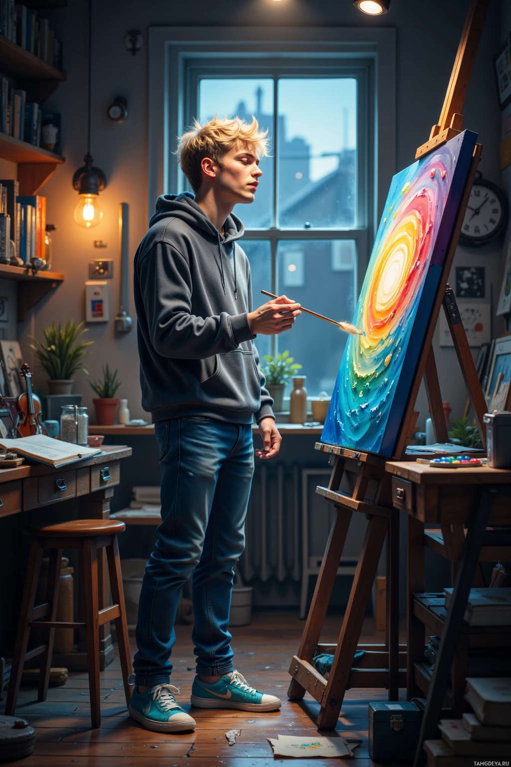 A person in a hoodie and jeans paints a vibrant abstract artwork in a cozy studio.