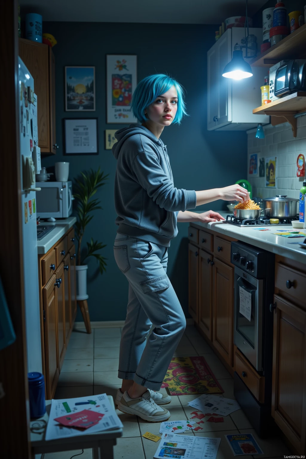 A person with blue hair stands in a kitchen, preparing food.