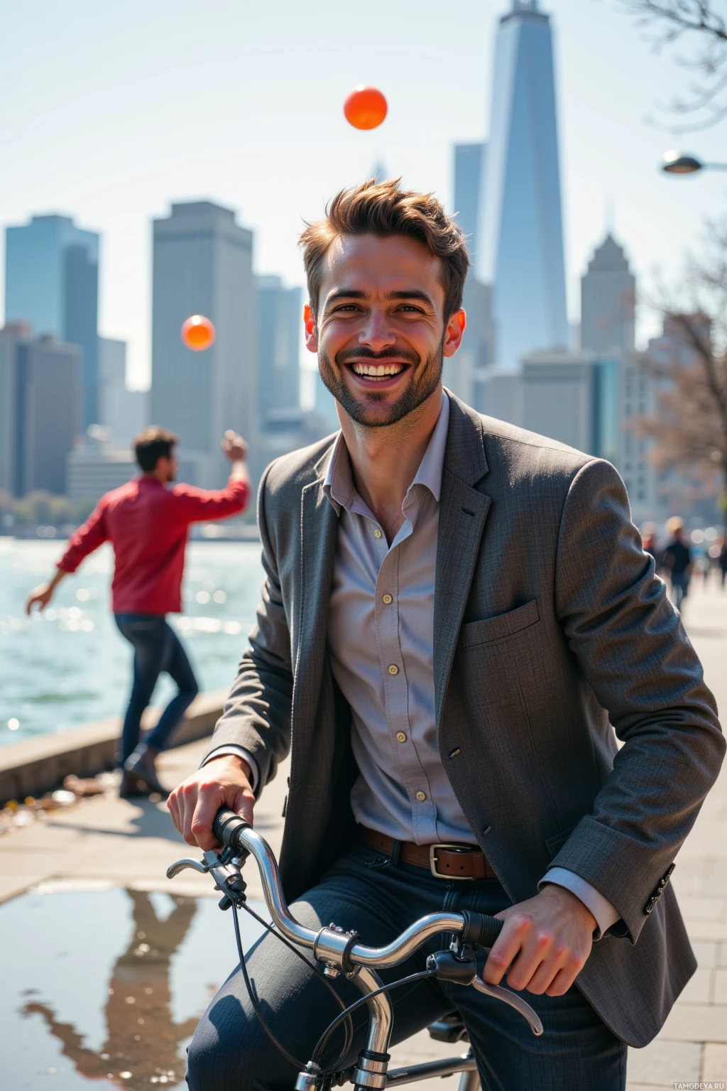 A man in a suit rides a bicycle near a waterfront with a city skyline in the background.