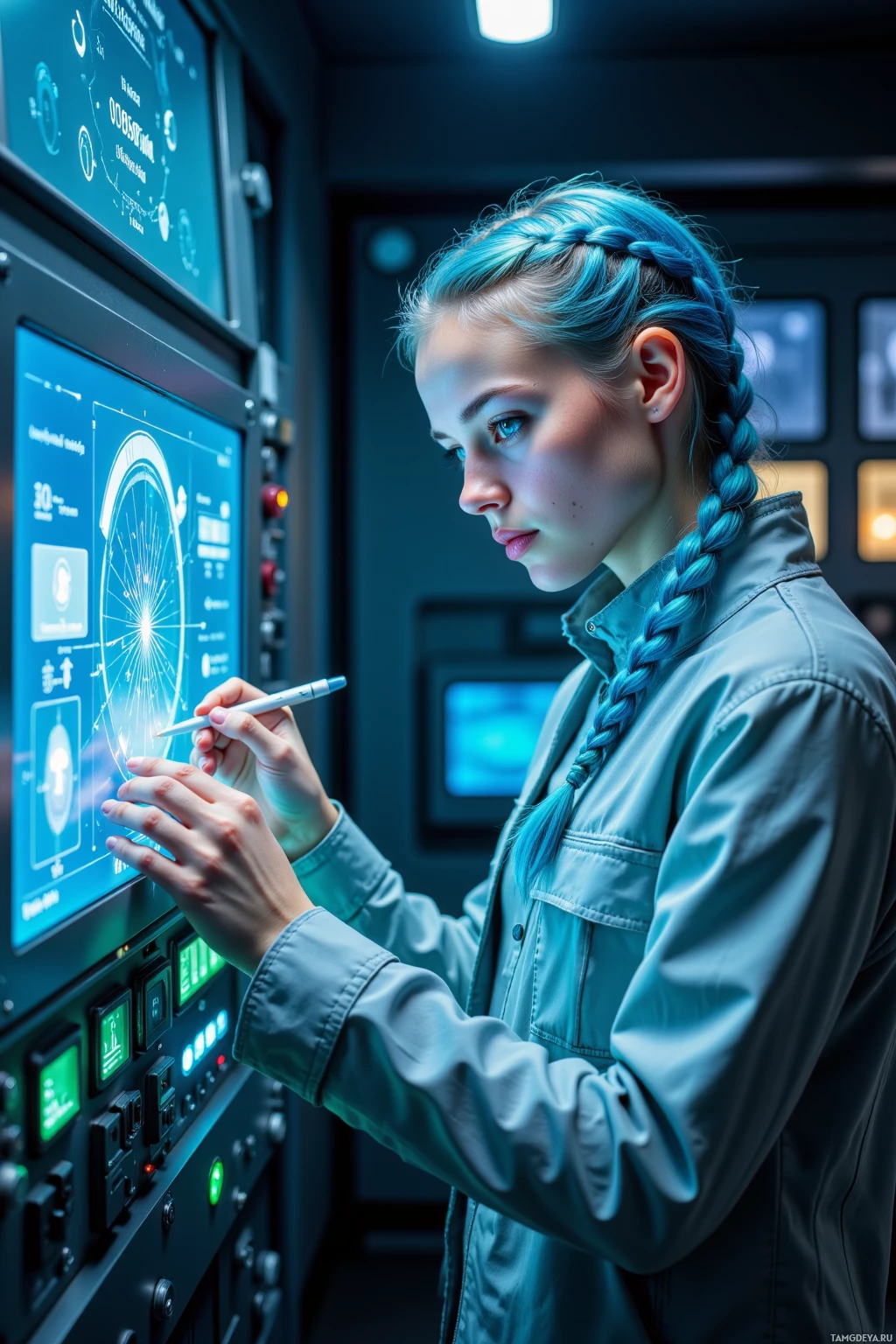 A person with blue braided hair is interacting with a futuristic control panel.