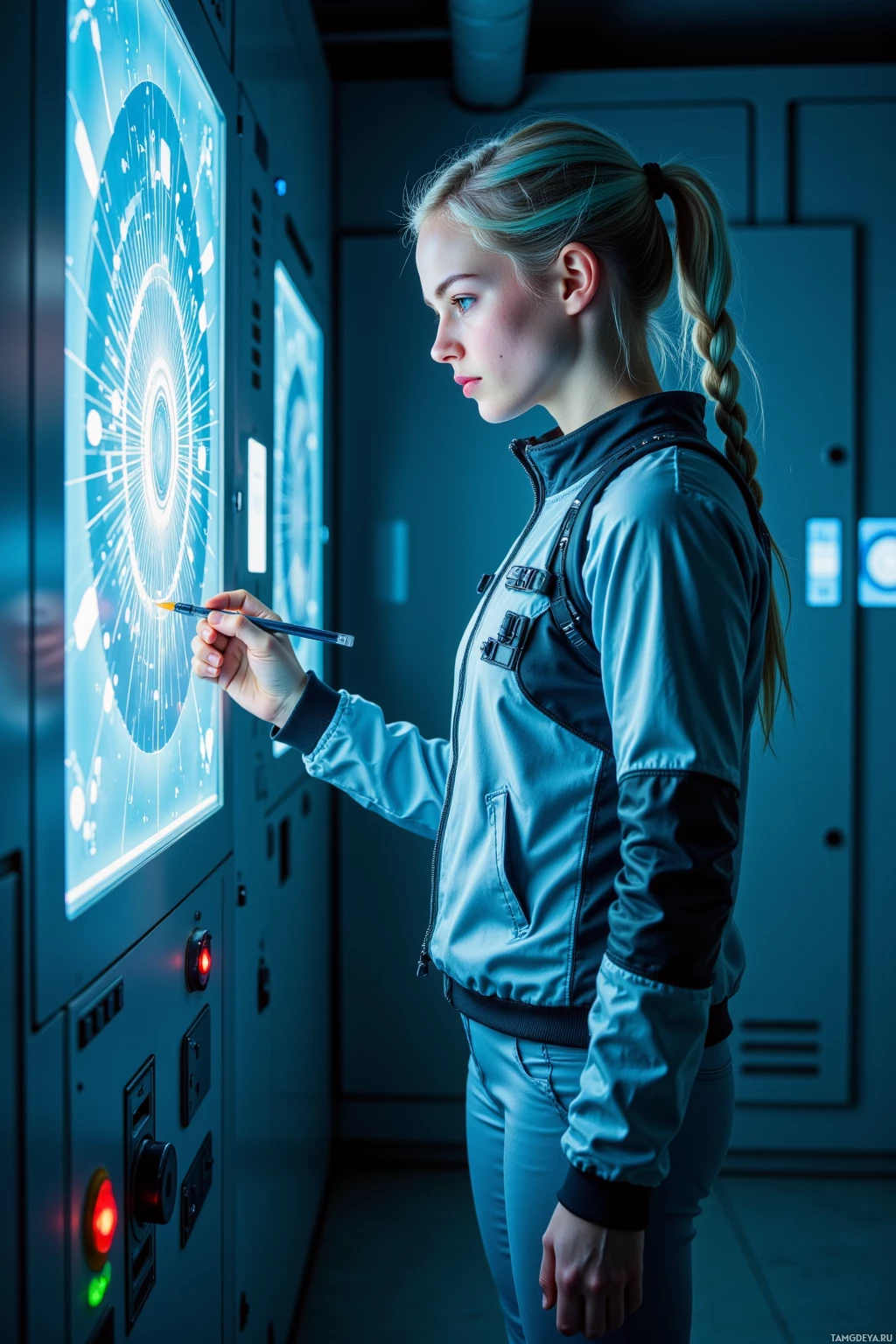 A person in a futuristic setting interacts with a large, illuminated control panel.