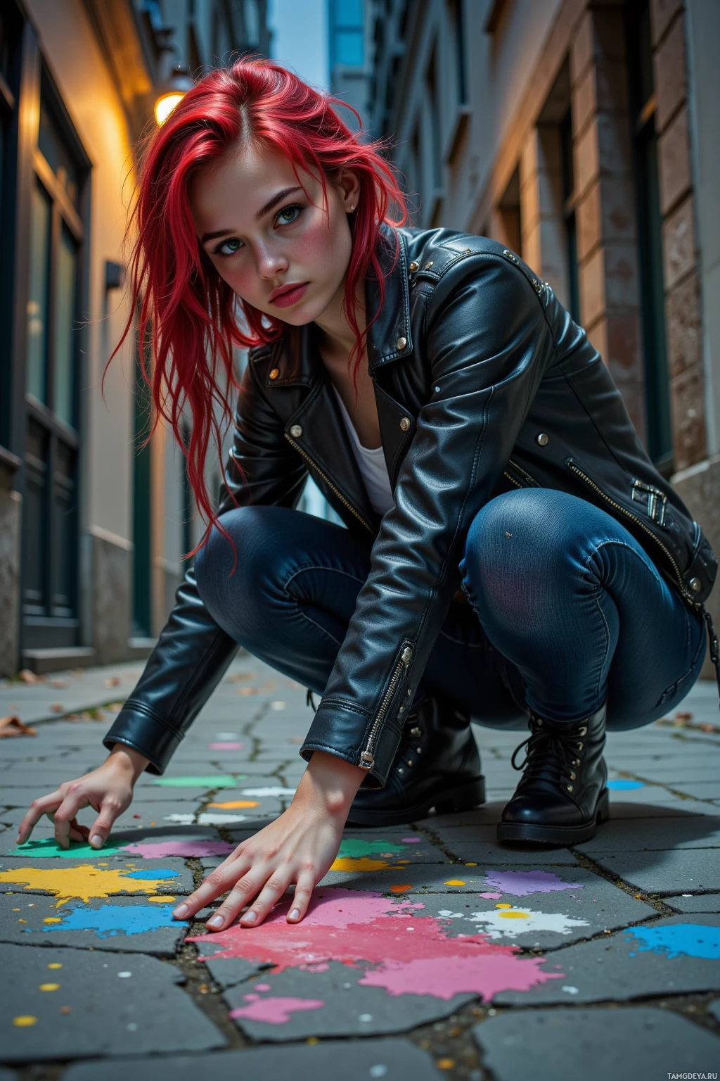 A person with red hair in a leather jacket and jeans crouches on a colorful painted sidewalk.