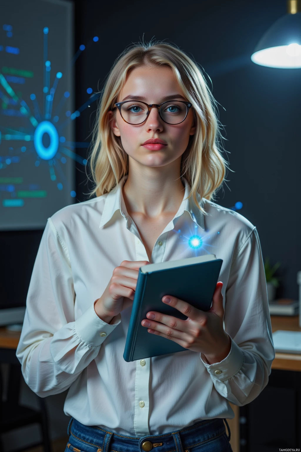 A person in a white shirt holds a tablet in a dimly lit room with a glowing screen in the background.