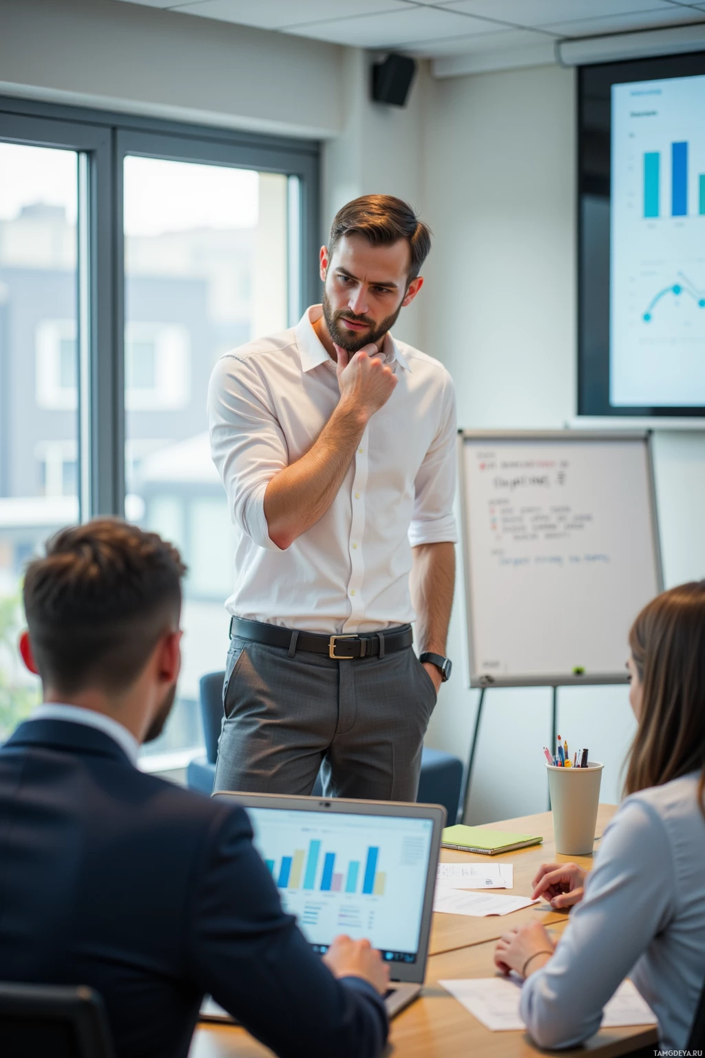 A man in a white shirt stands in a conference room, gesturing as he speaks to colleagues seated at a table.