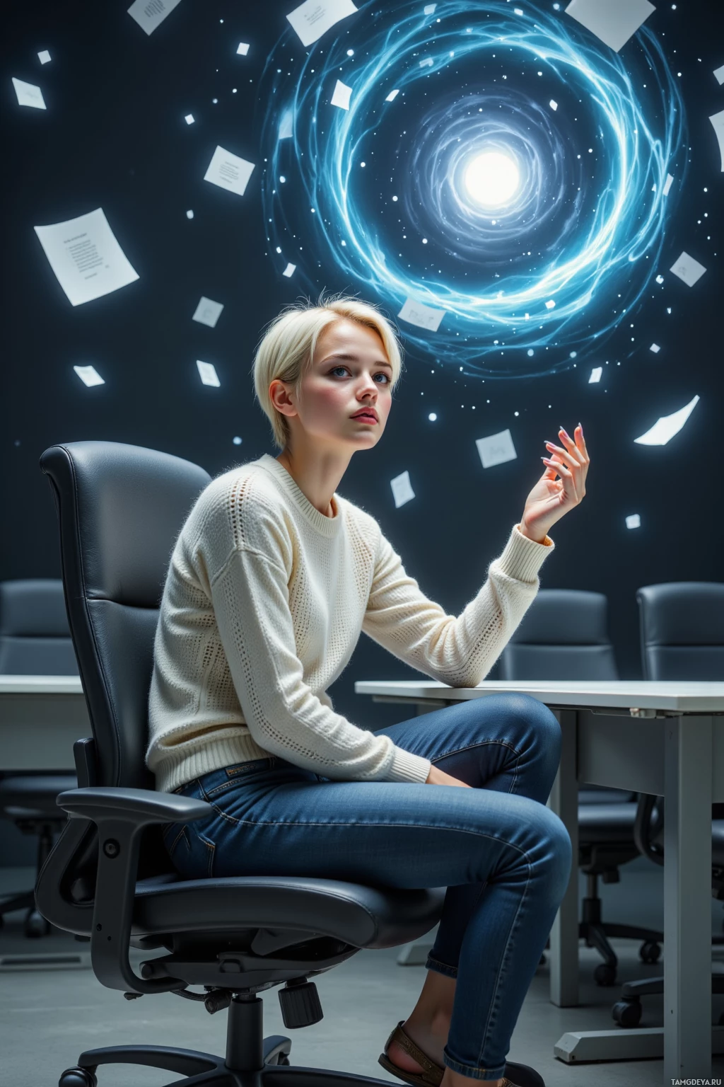 A person sits in an office chair with a swirling, glowing portal and floating papers in the background.
