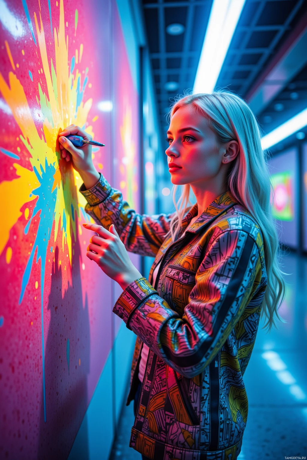 A person in a colorful jacket is painting vibrant colors on a wall in a neon-lit environment.