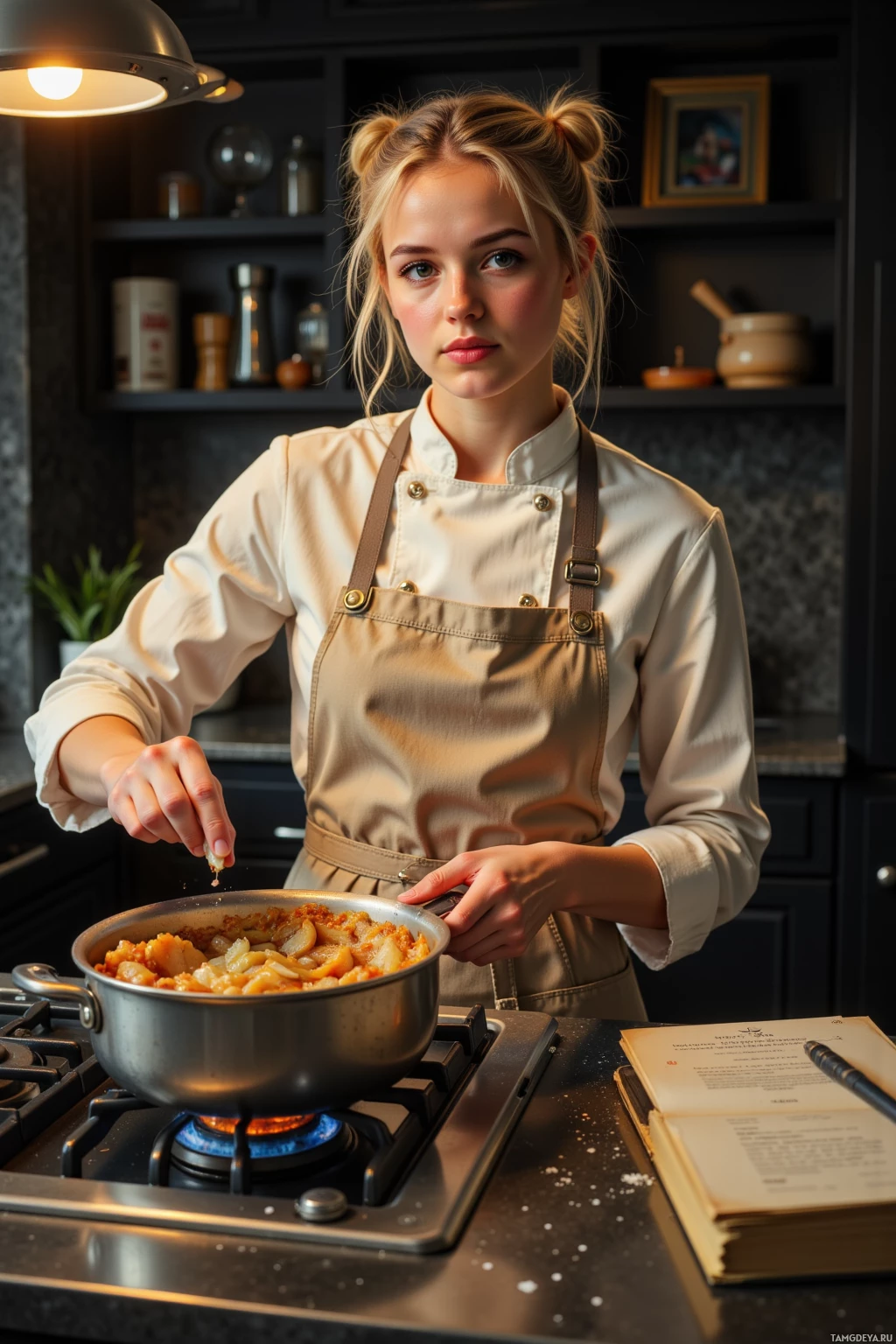 A person in a chef's uniform is cooking in a kitchen.