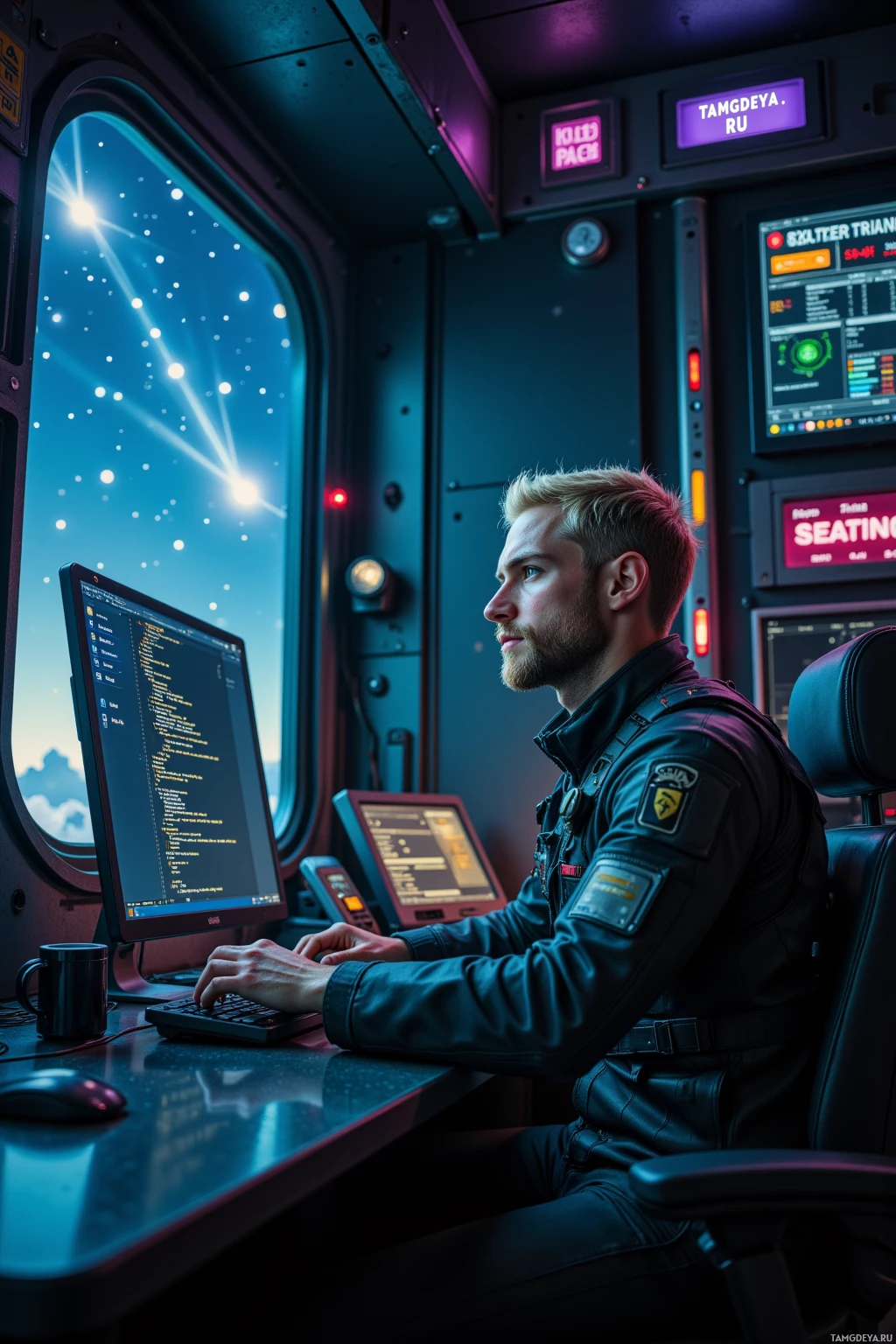 A person in a space suit operates a computer in a futuristic cockpit with a starry view outside.