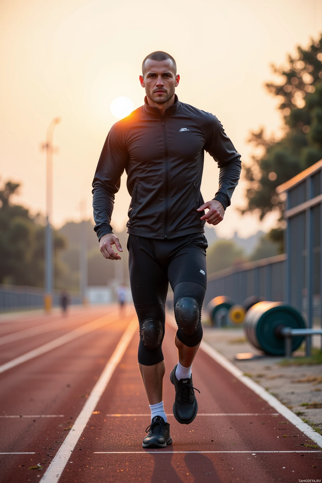 A man in athletic gear runs on a track at sunset.