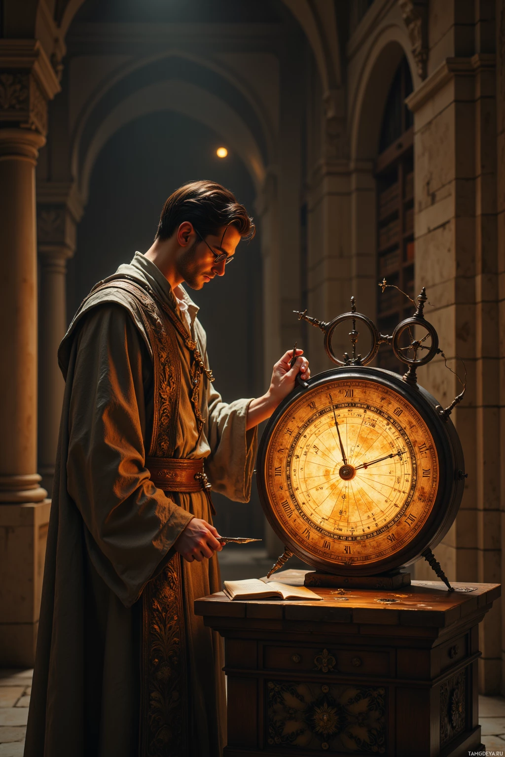 A scholar in historical attire examines an ancient astronomical instrument in a dimly lit, grand interior.