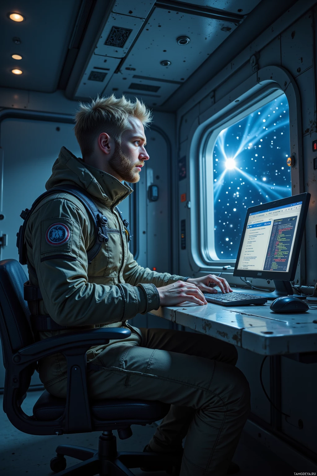 A person in a space suit works at a computer in a spacecraft.