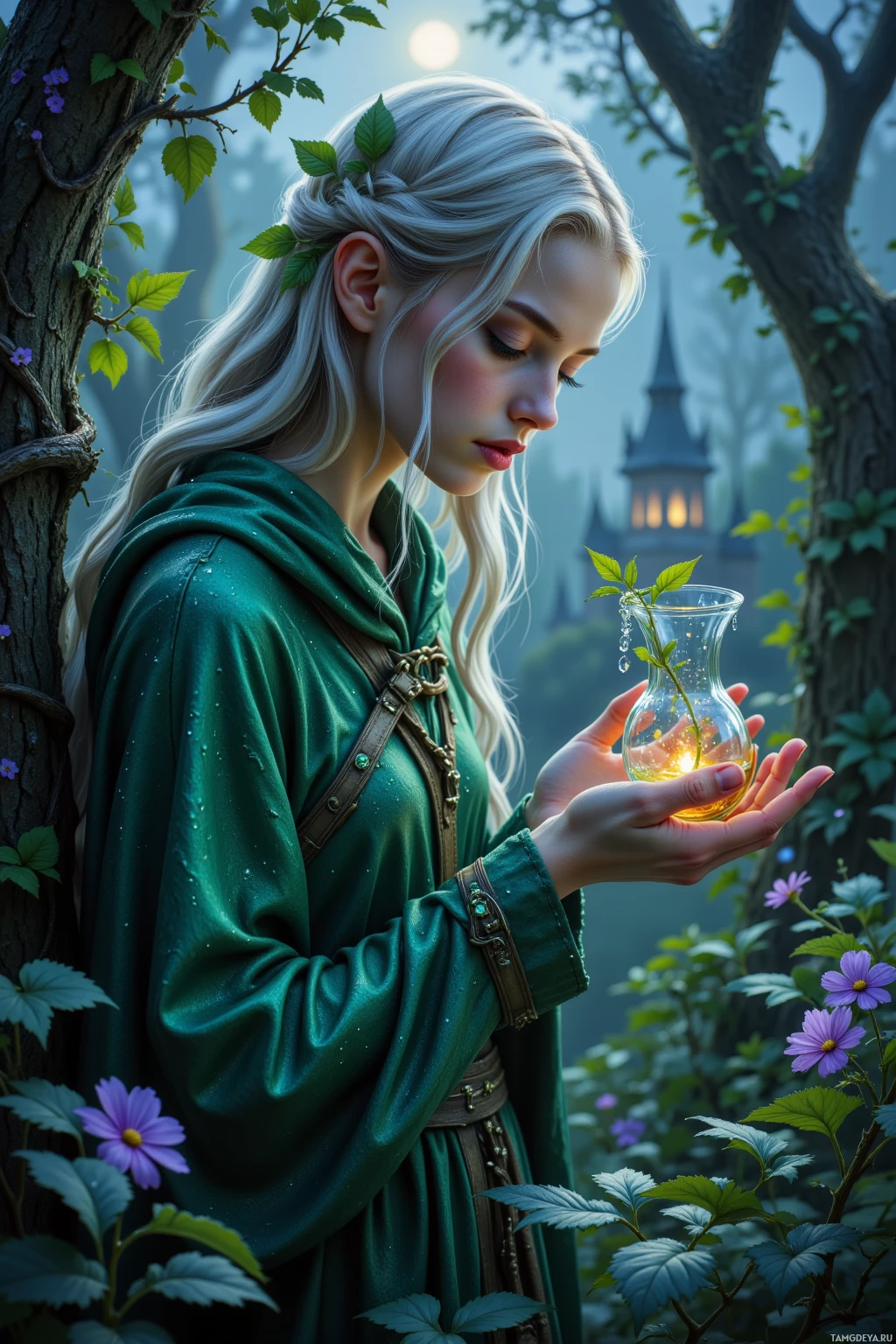A woman in a green robe holds a glowing plant in a glass vase, surrounded by a forest setting.