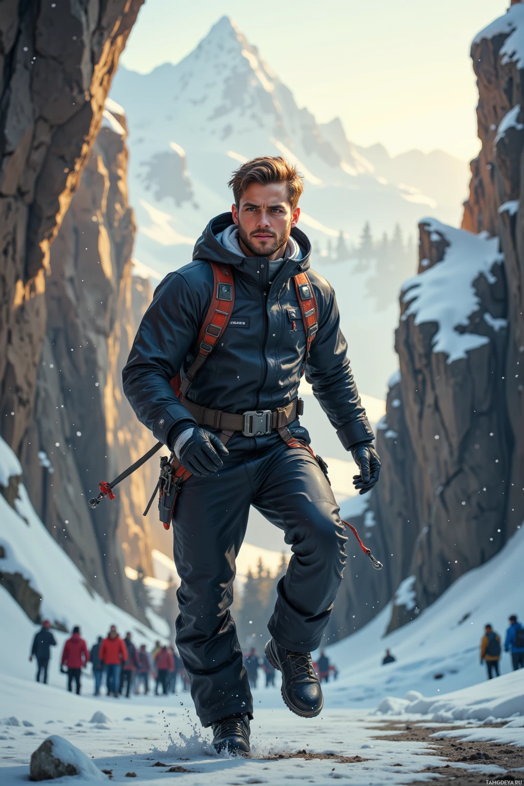 A man in winter gear walks through a snowy mountain landscape.