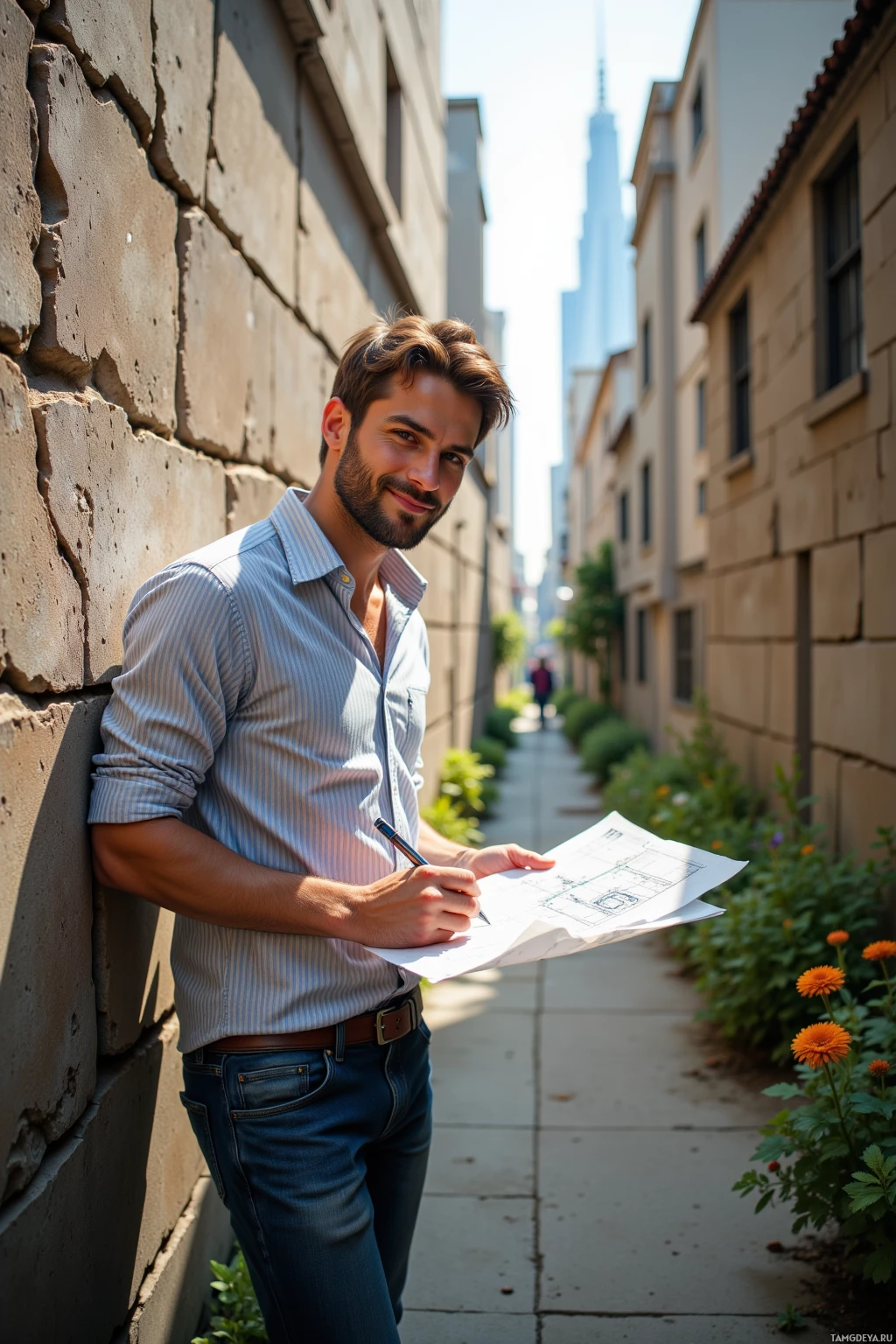 A man leans against a brick wall, holding a pen and paper, in a sunlit alleyway.