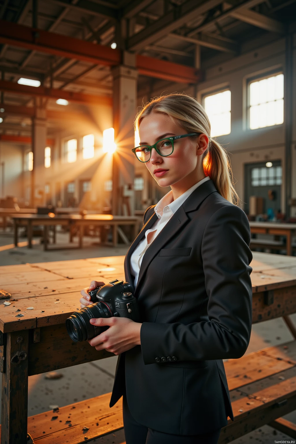 A woman in a suit holds a camera in a sunlit industrial setting.