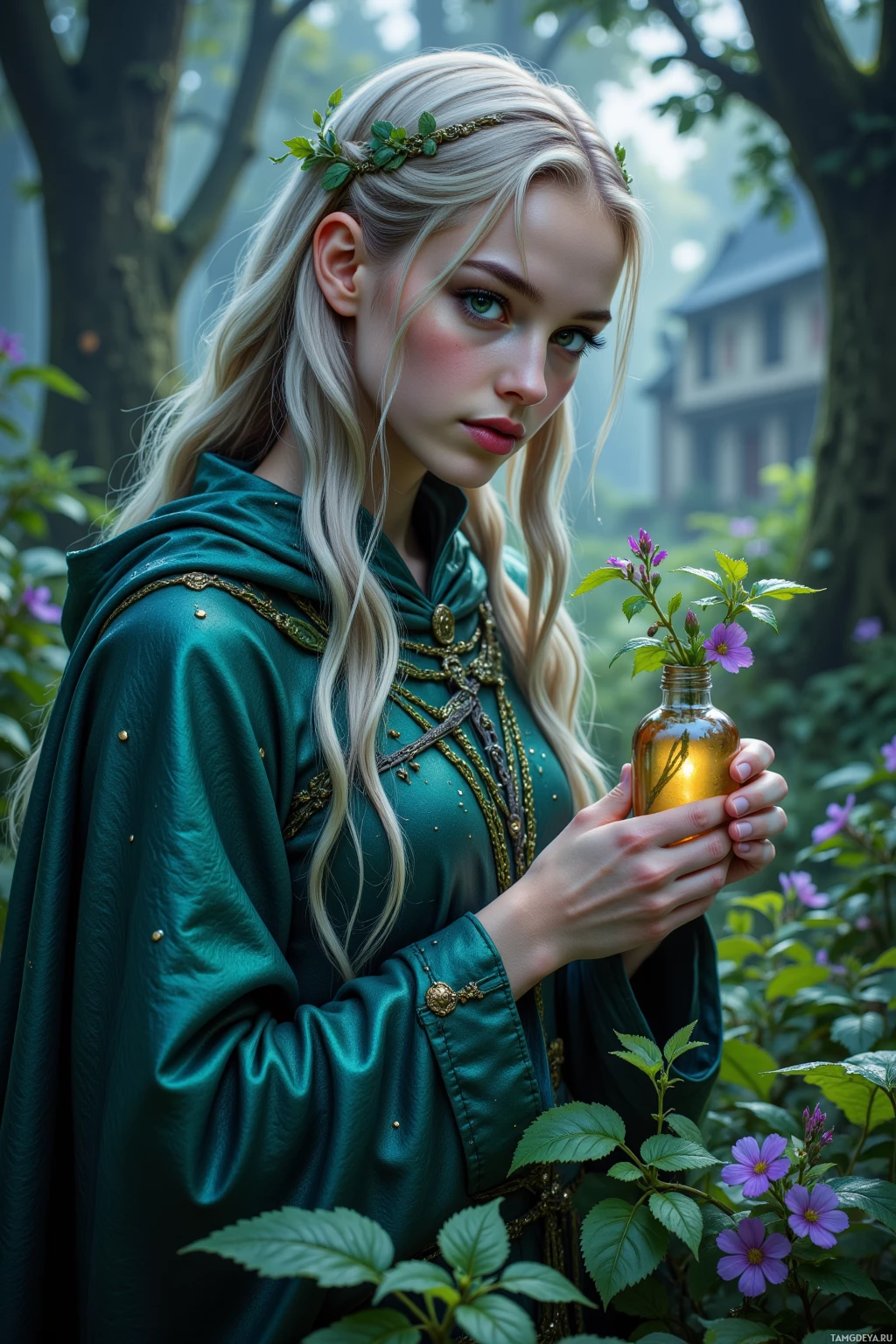 A woman in a green robe holds a bottle with a plant, surrounded by lush greenery.