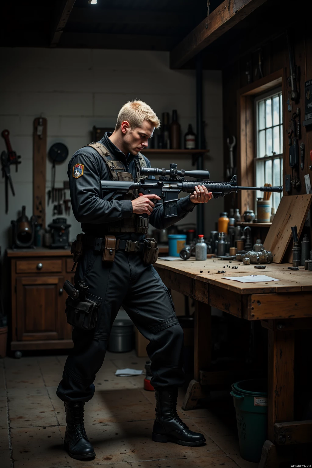 A man in tactical gear holds a rifle in a workshop setting.
