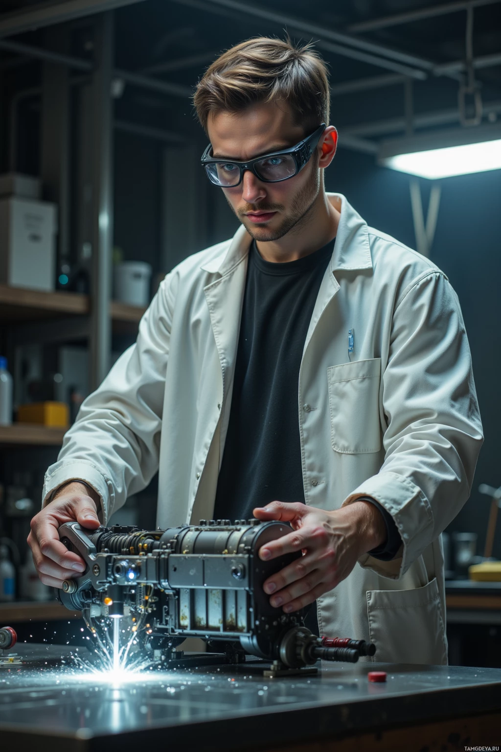A person in a lab coat works on a mechanical device in a workshop setting.