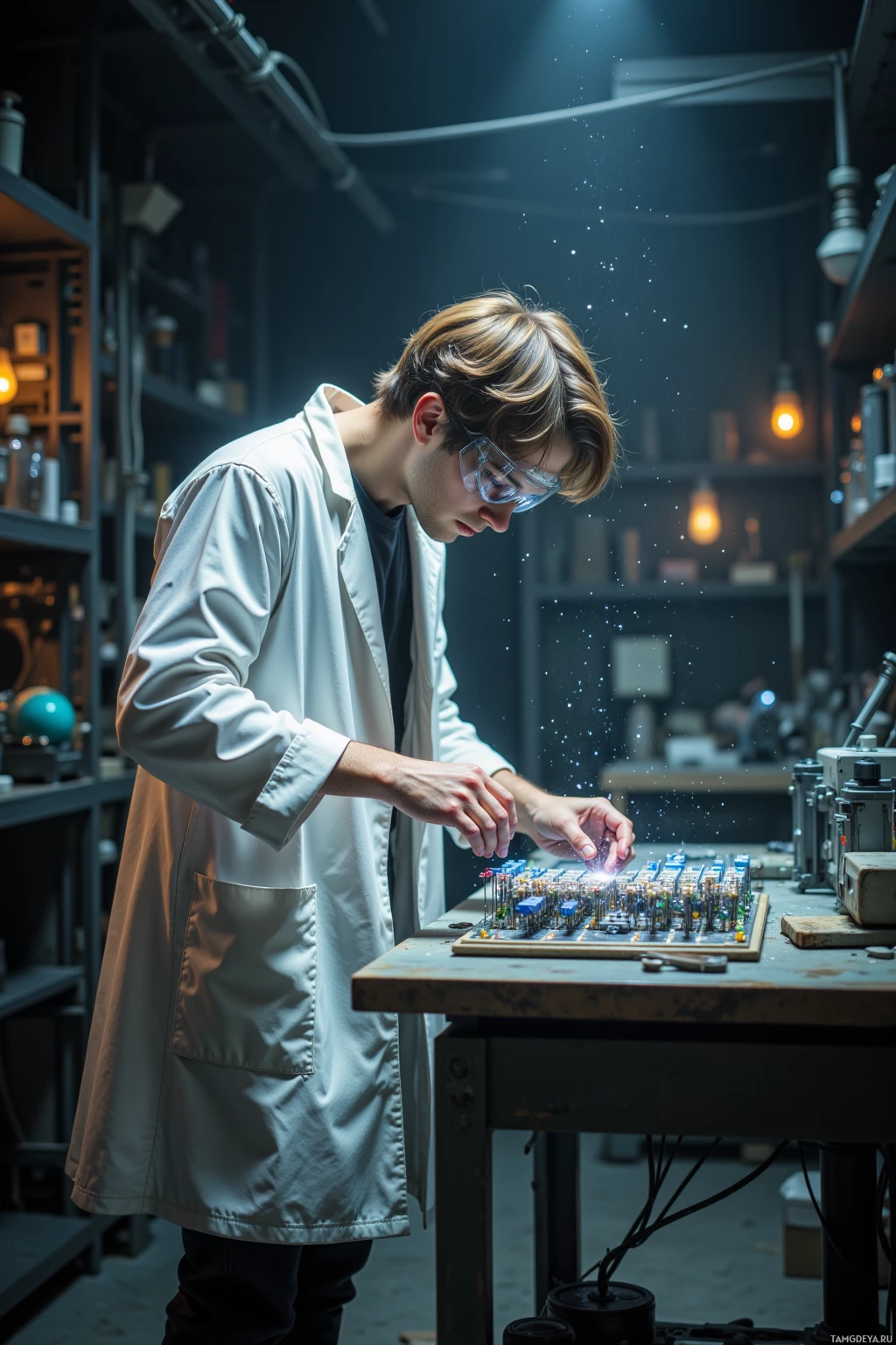 A person in a lab coat works on a circuit board in a dimly lit workshop.