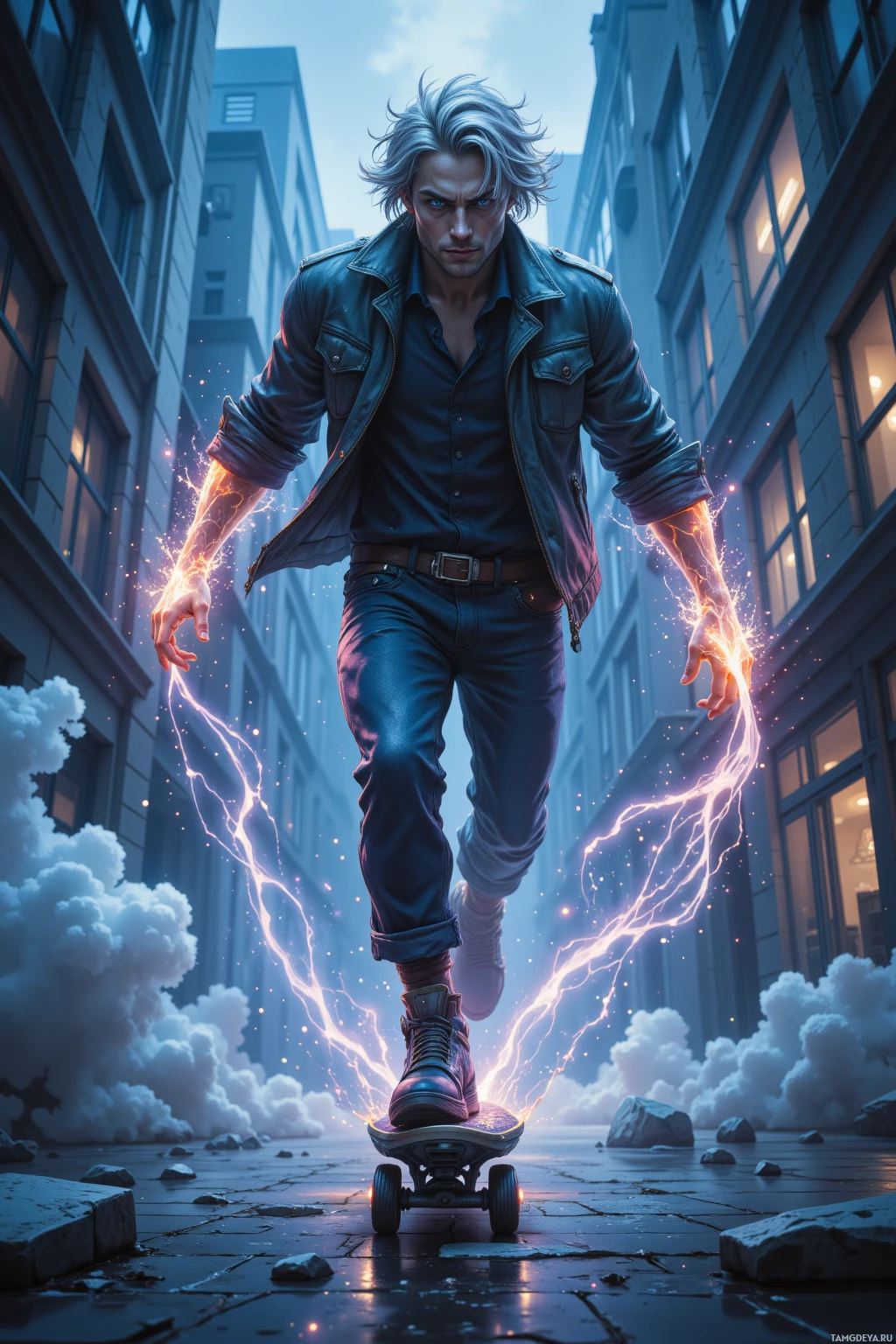 A man rides a skateboard with electric energy emanating from his hands in an urban alleyway.
