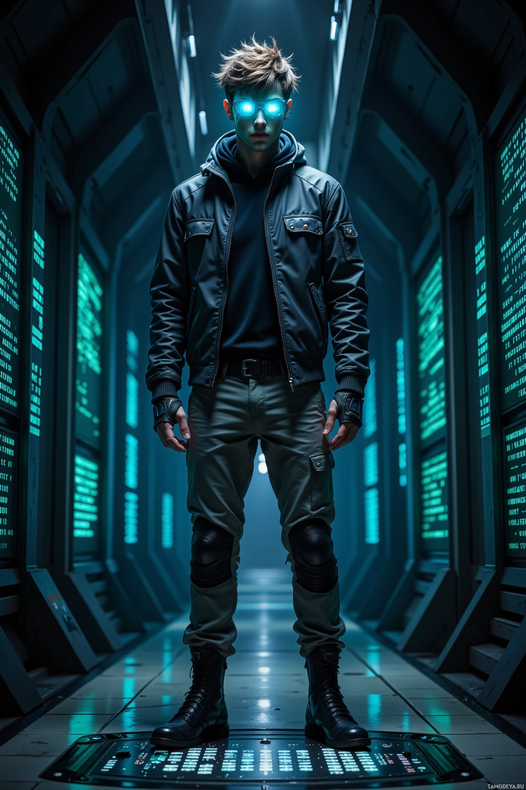 A person stands in a futuristic corridor with glowing blue lights and screens.