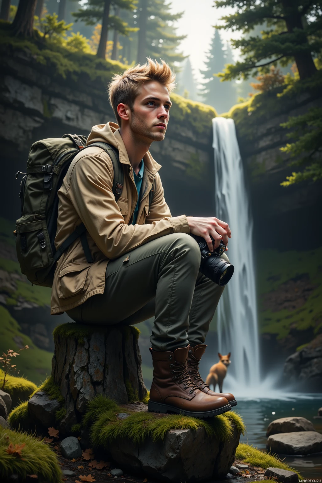 A man with a backpack and camera sits on a mossy rock near a waterfall in a forest.