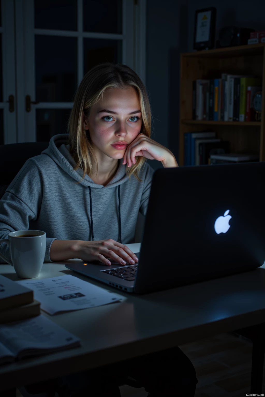 A person sits at a desk in a dimly lit room, working on a laptop.