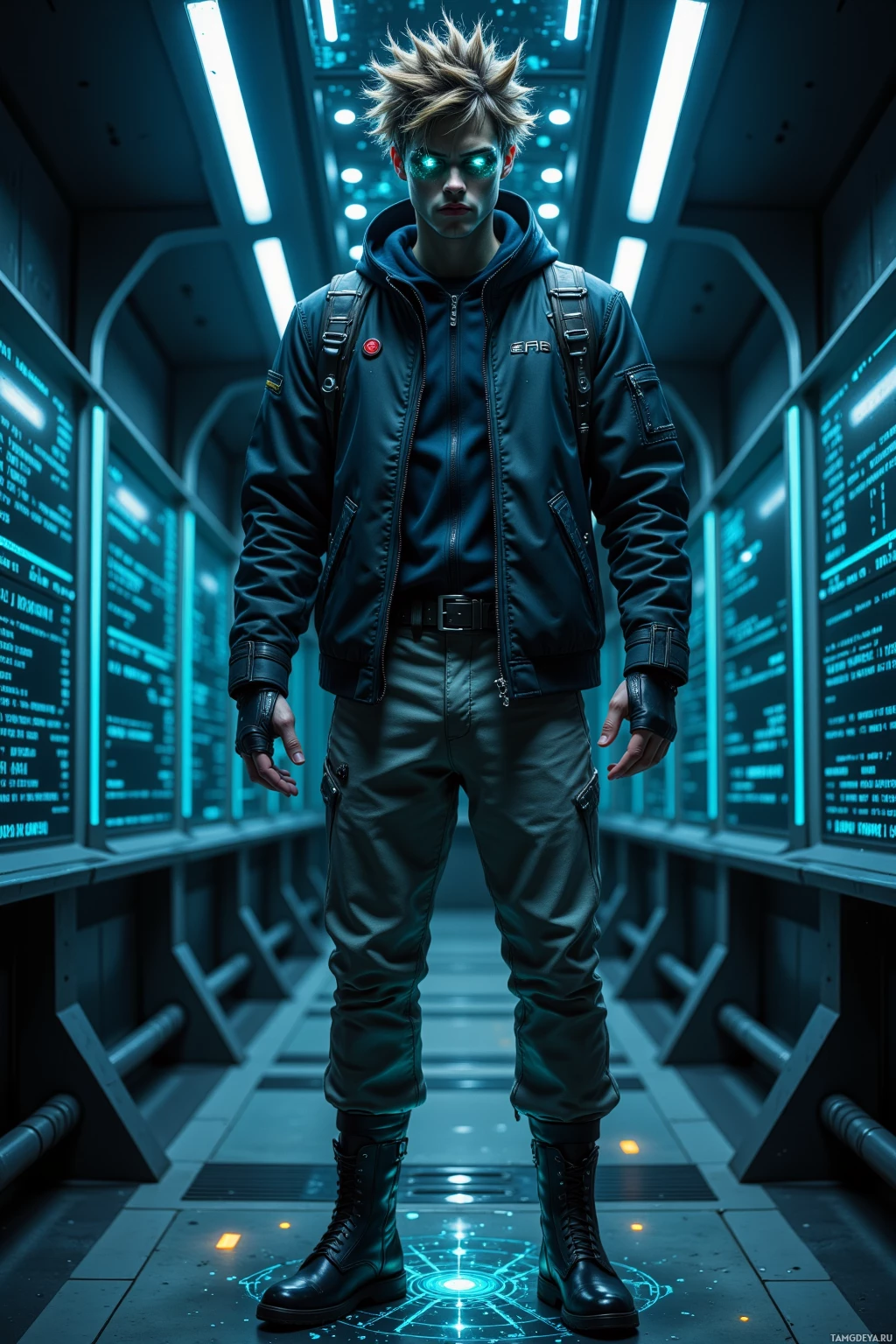 A person in a futuristic outfit stands in a high-tech corridor with glowing screens.