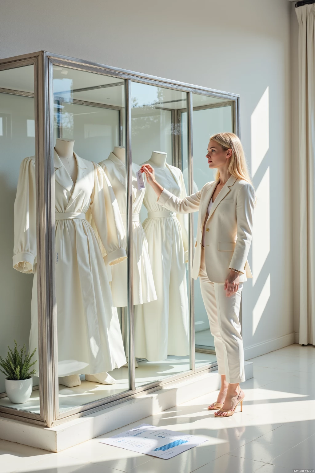A woman in a white suit stands beside a display case, examining a white dress.