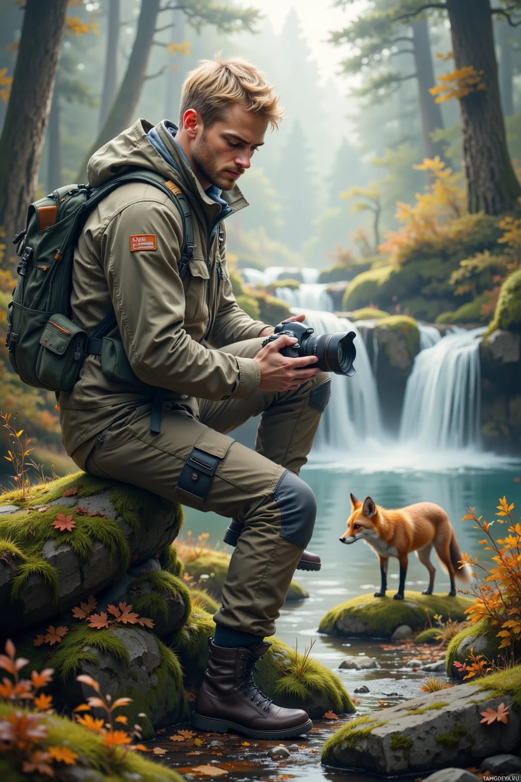 A man in outdoor gear takes a photo near a waterfall with a fox nearby.