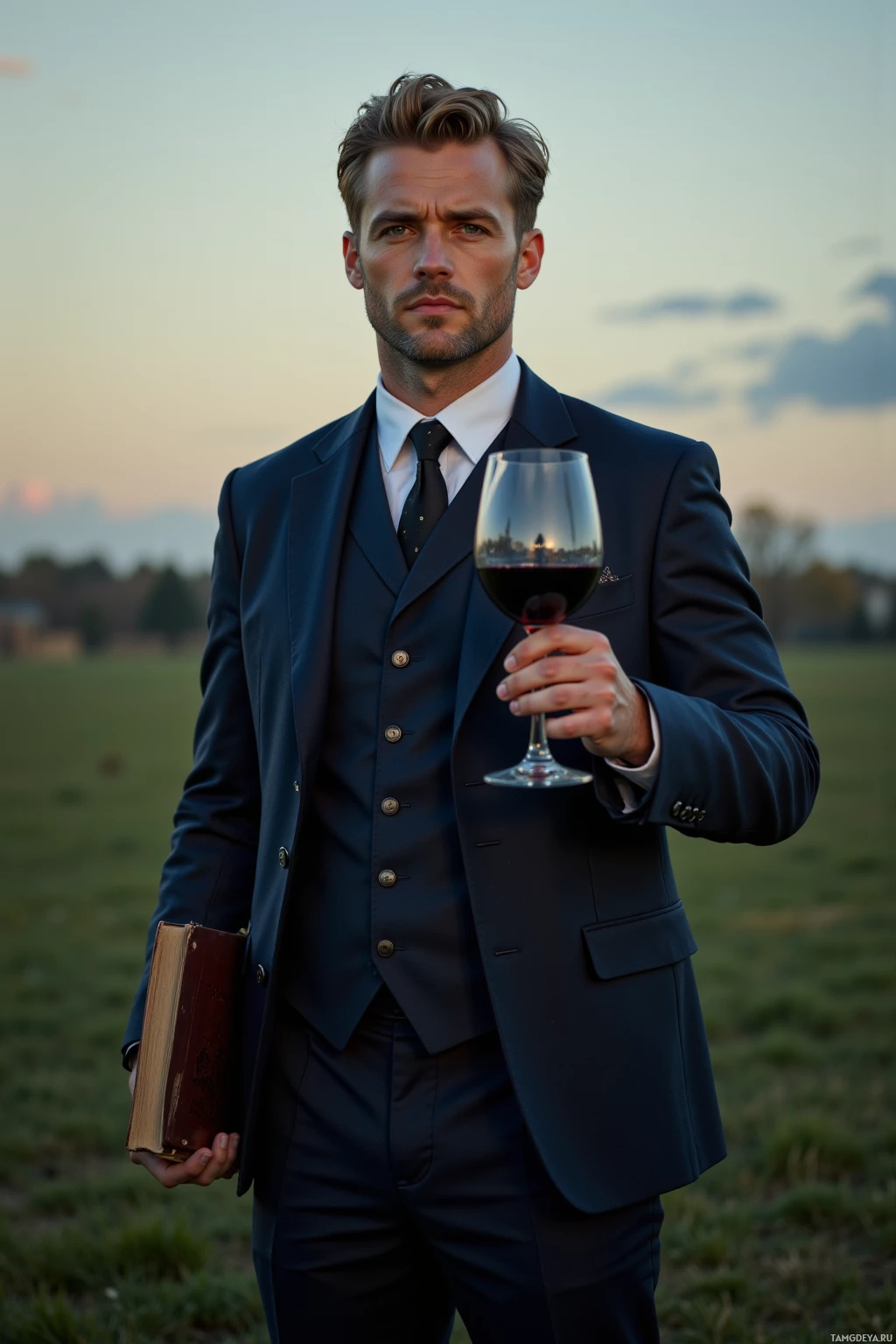 A man in a suit holds a glass of red wine and a book, standing outdoors at dusk.