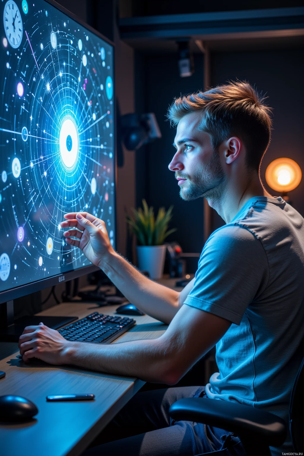 A person is seated at a desk, interacting with a computer displaying a complex, illuminated interface.