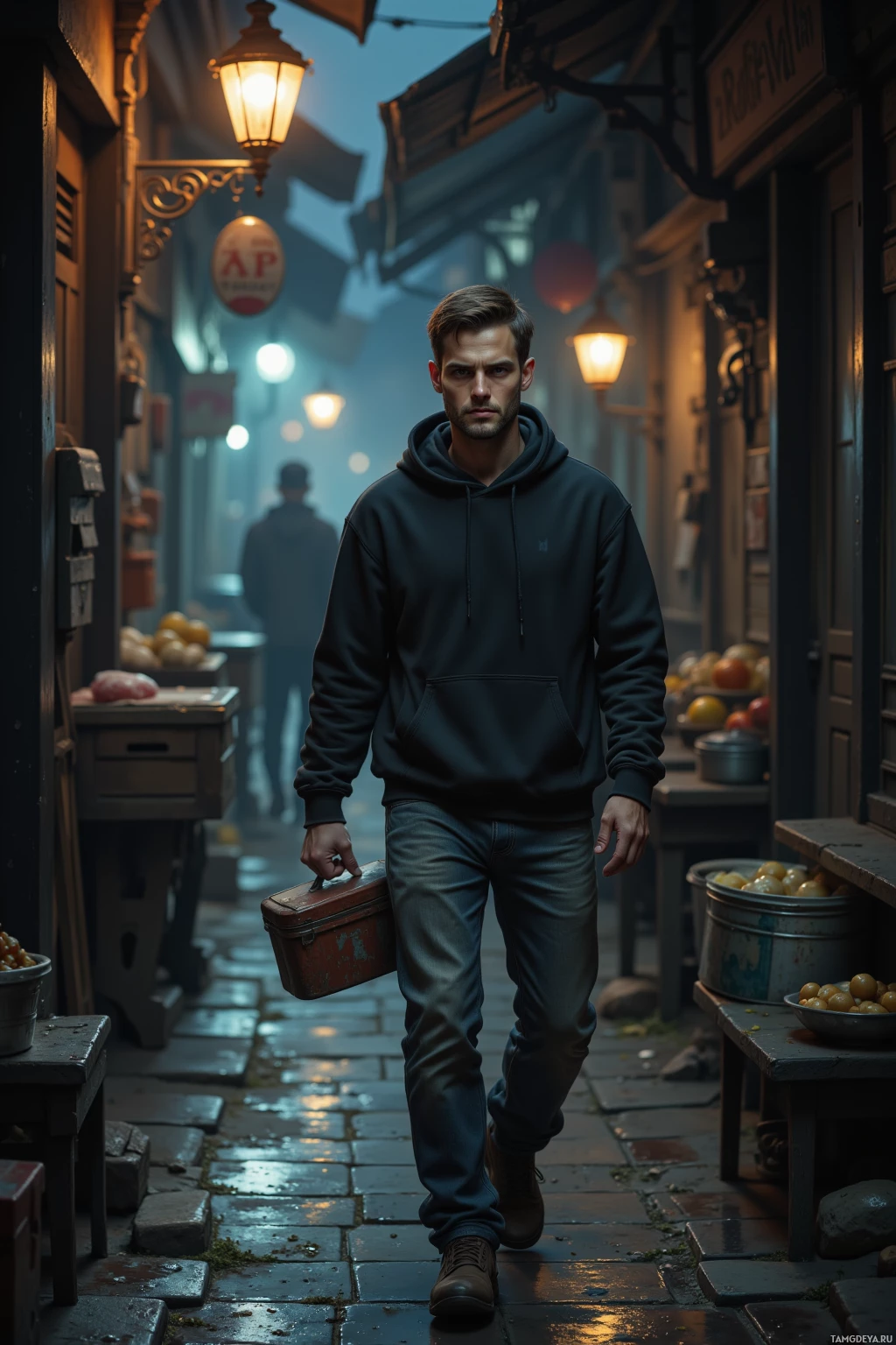 A man in a hoodie walks down a dimly lit alleyway carrying a suitcase.
