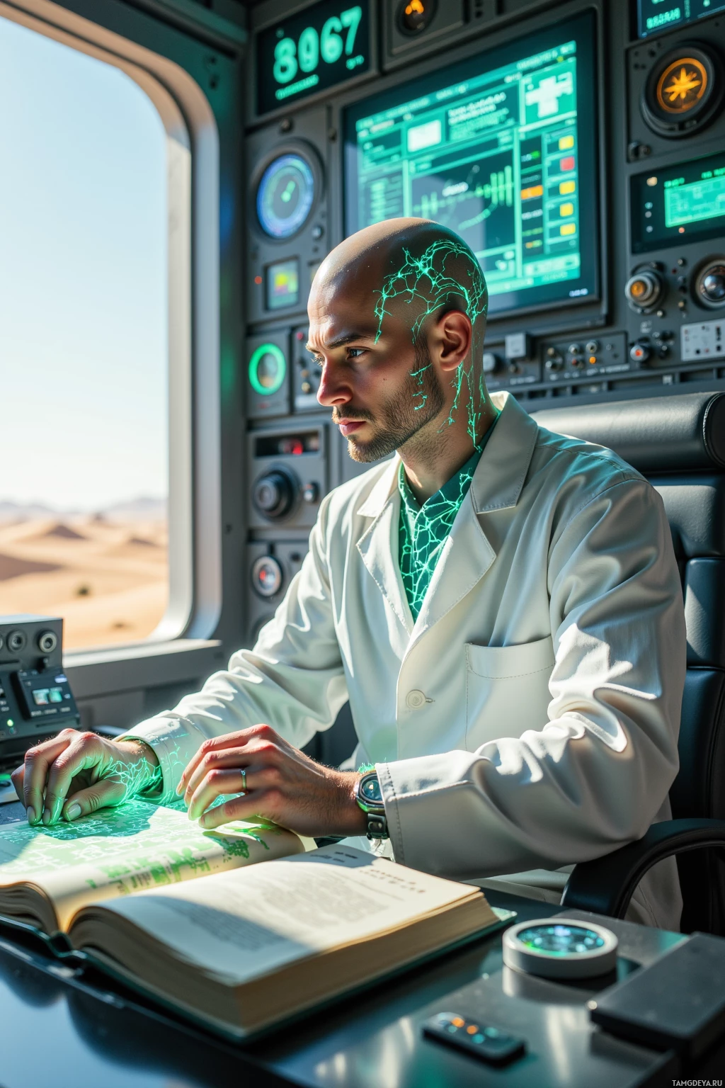 A man in a lab coat sits at a control panel with glowing green lines on his face and hands, in a vehicle with a desert view outside.
