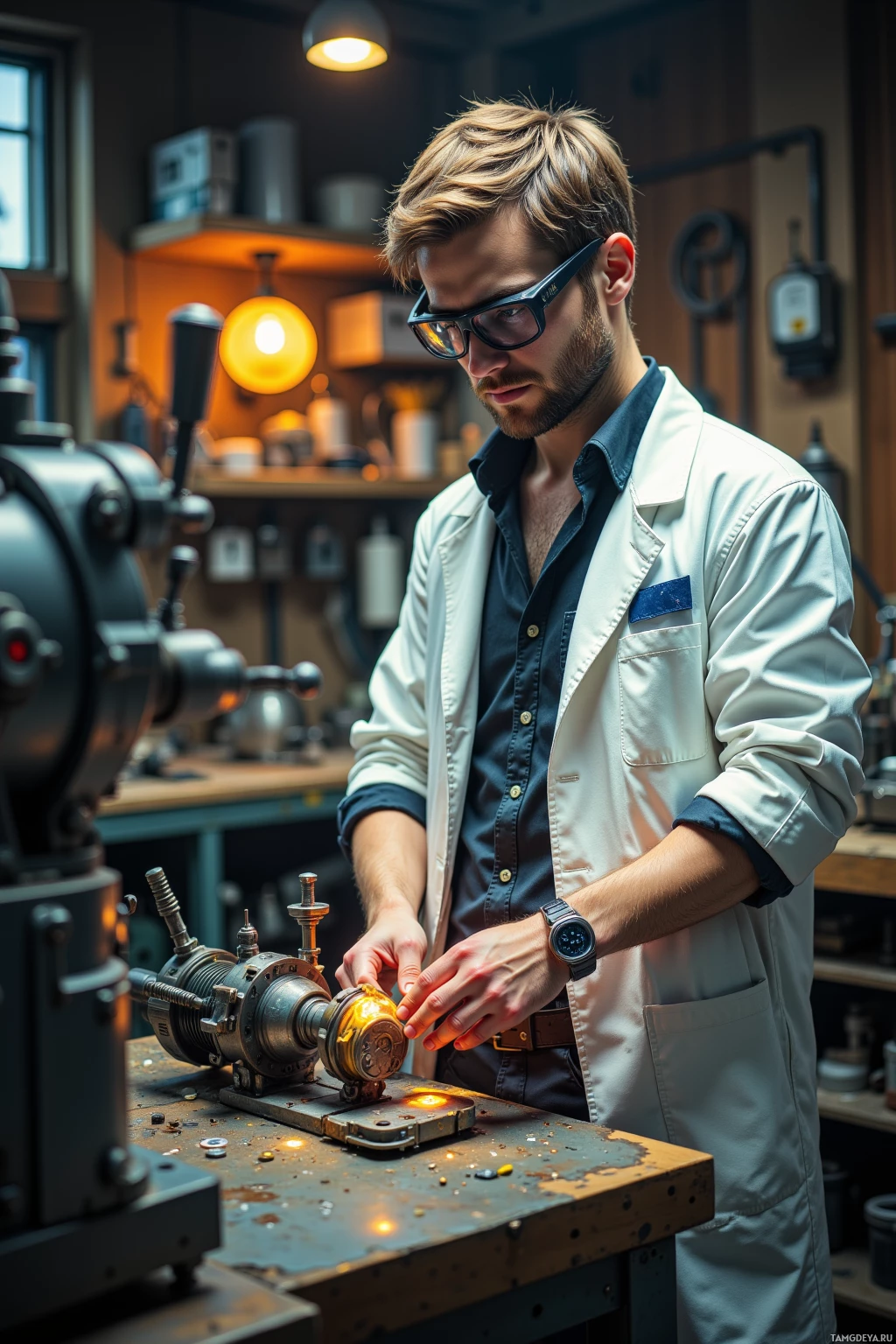 A man in a lab coat works on a machine in a workshop.