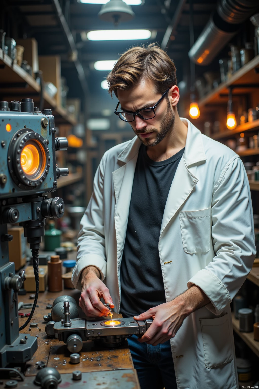 A man in a lab coat works on a machine in a workshop.