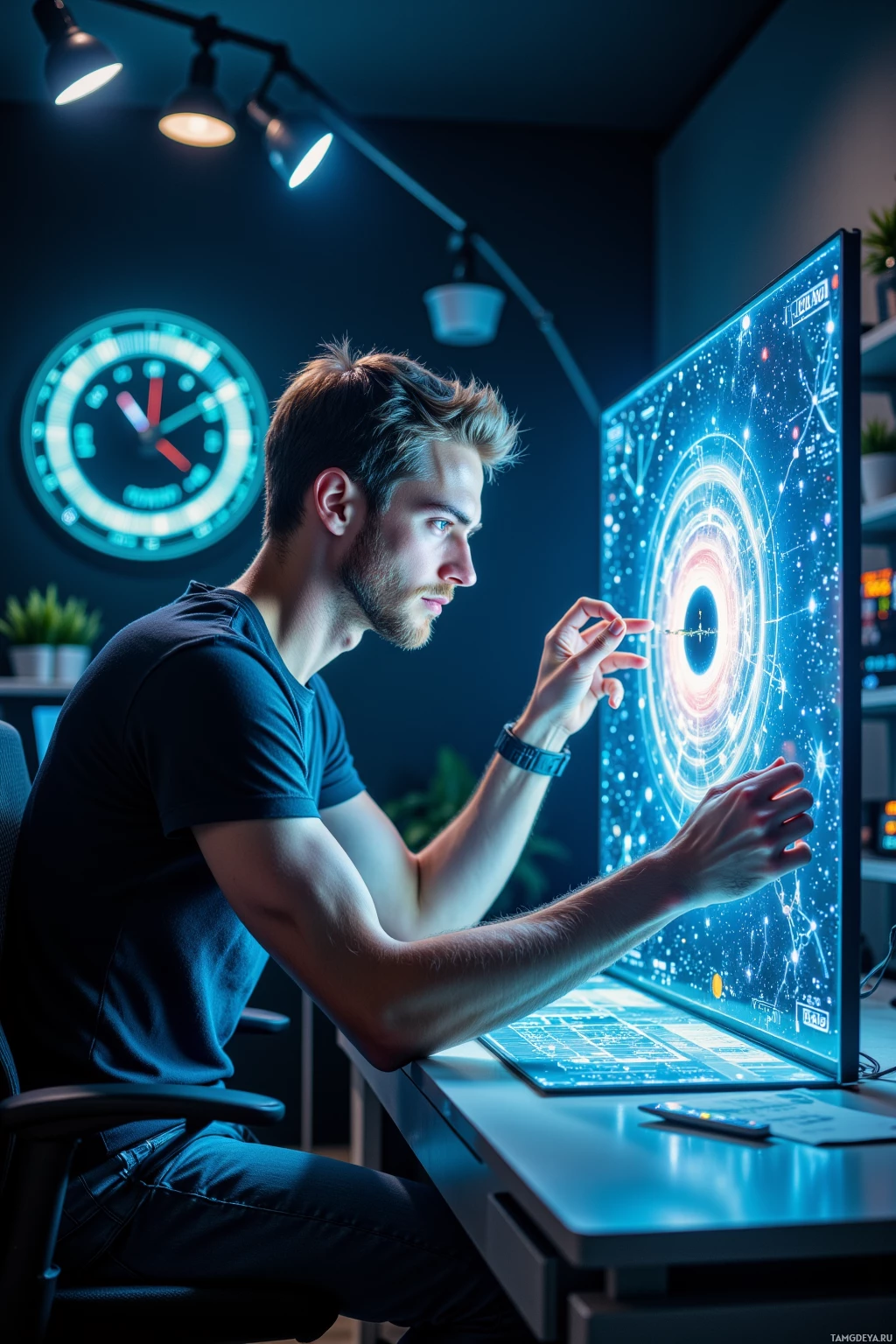 A man is seated at a desk, interacting with a large, futuristic display screen.