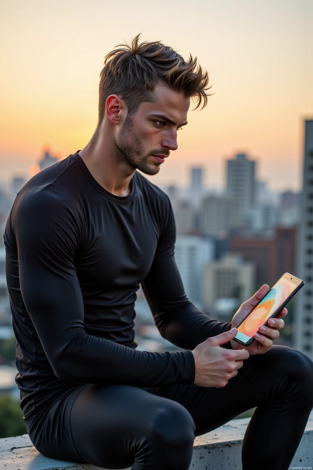 A man in a black outfit sits on a rooftop, holding a smartphone, with a cityscape in the background.