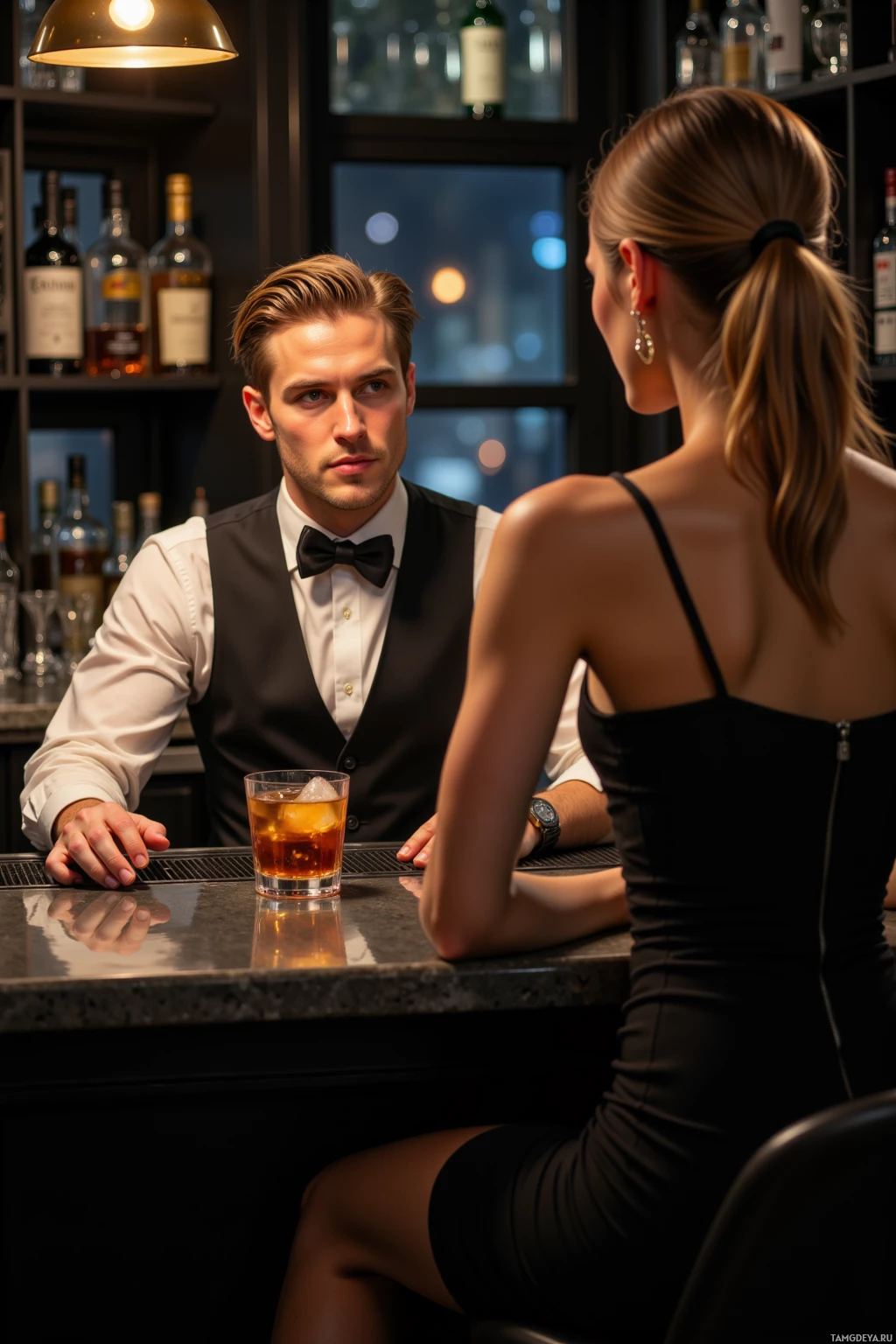 A man and a woman are seated at a bar, engaged in conversation.