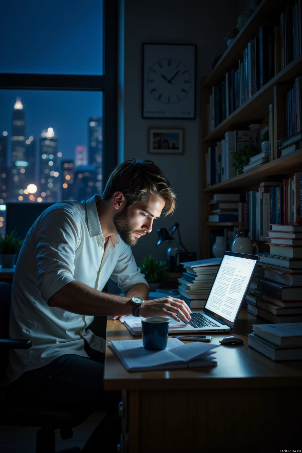 A man works at a desk in a dimly lit room with a cityscape view outside the window.