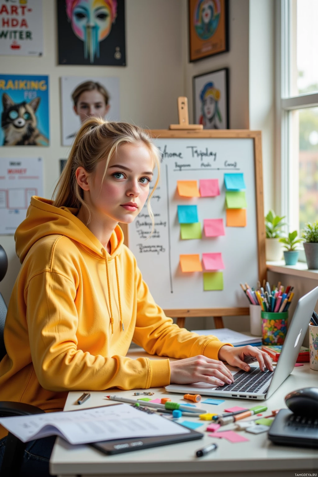 A young person in a yellow hoodie sits at a desk with a laptop, surrounded by colorful notes and art supplies.
