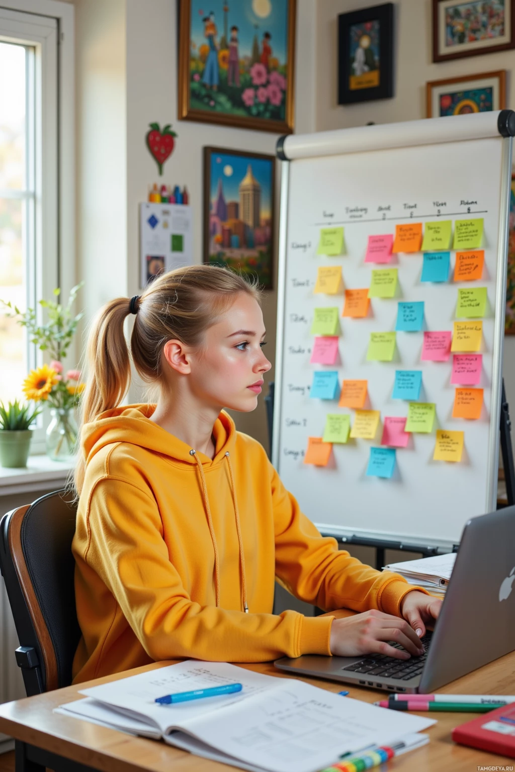 A young person in a yellow hoodie works at a desk with a laptop, surrounded by colorful notes and artwork on the wall.