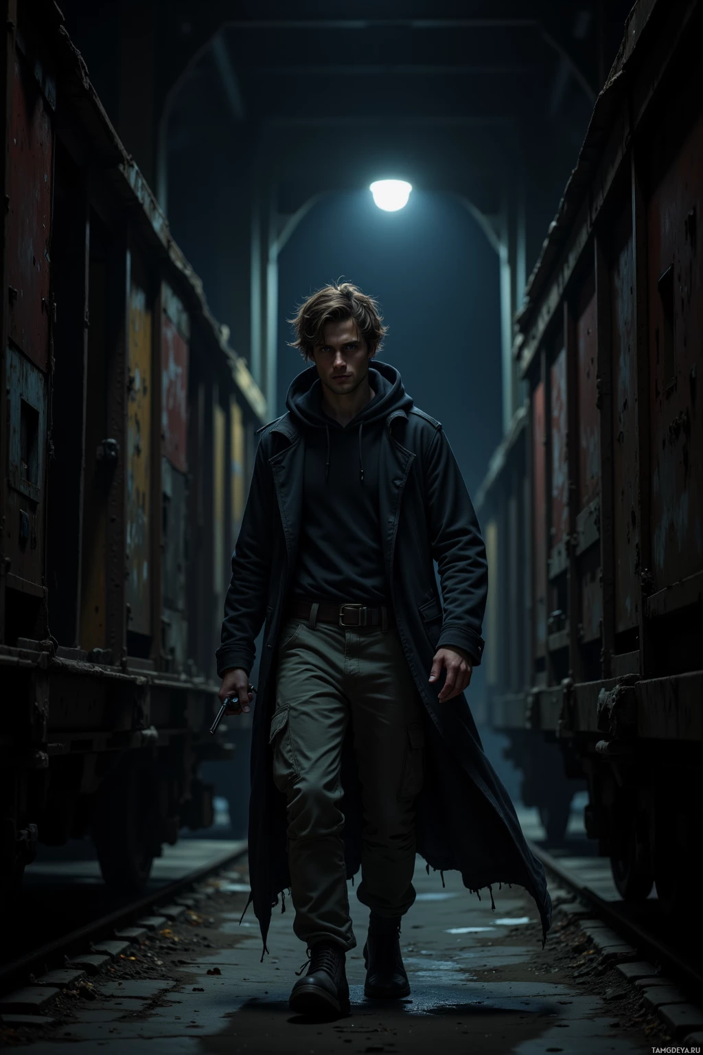 A man in a dark coat stands between train cars under a single light.