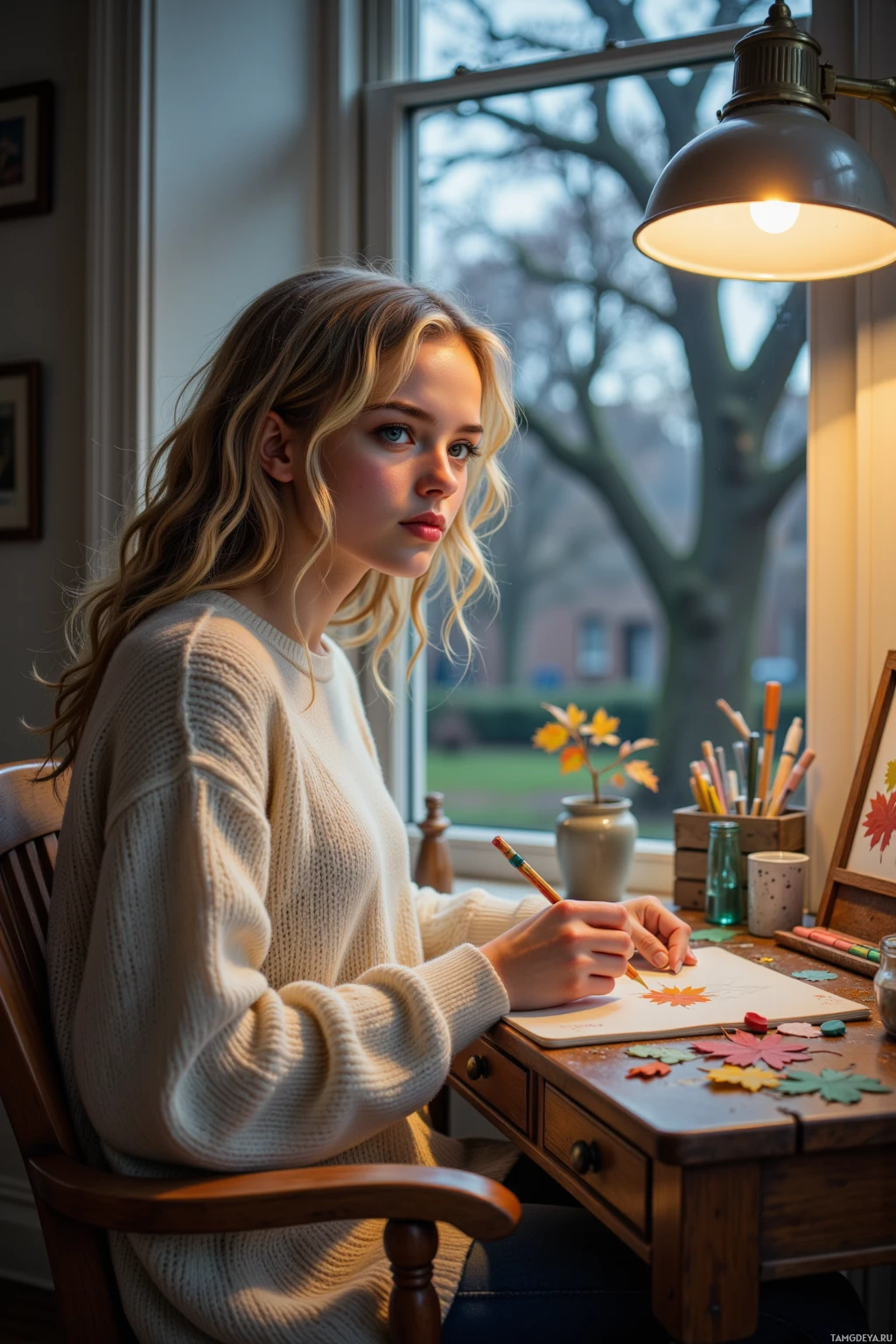 A person is sitting at a desk, drawing with a pencil on paper.