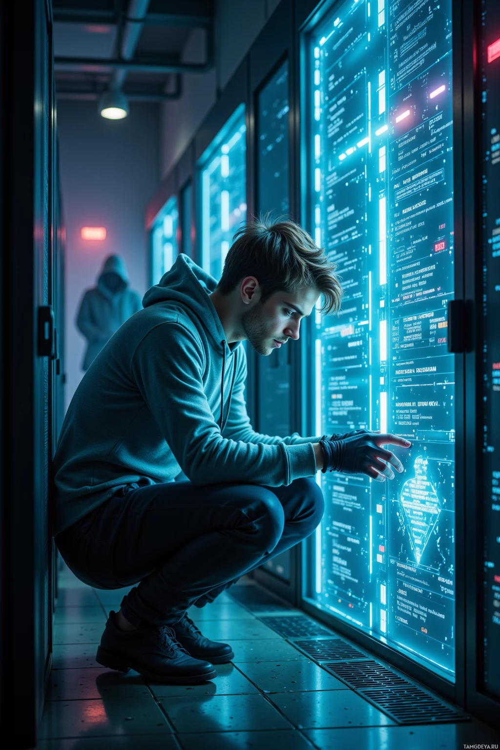 A person in a hoodie crouches in front of a glowing, futuristic interface.