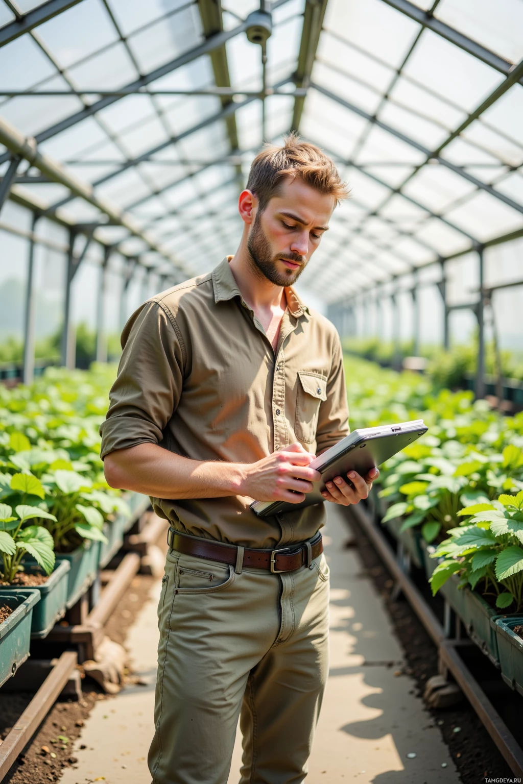 A man in a greenhouse uses a tablet while examining plants.