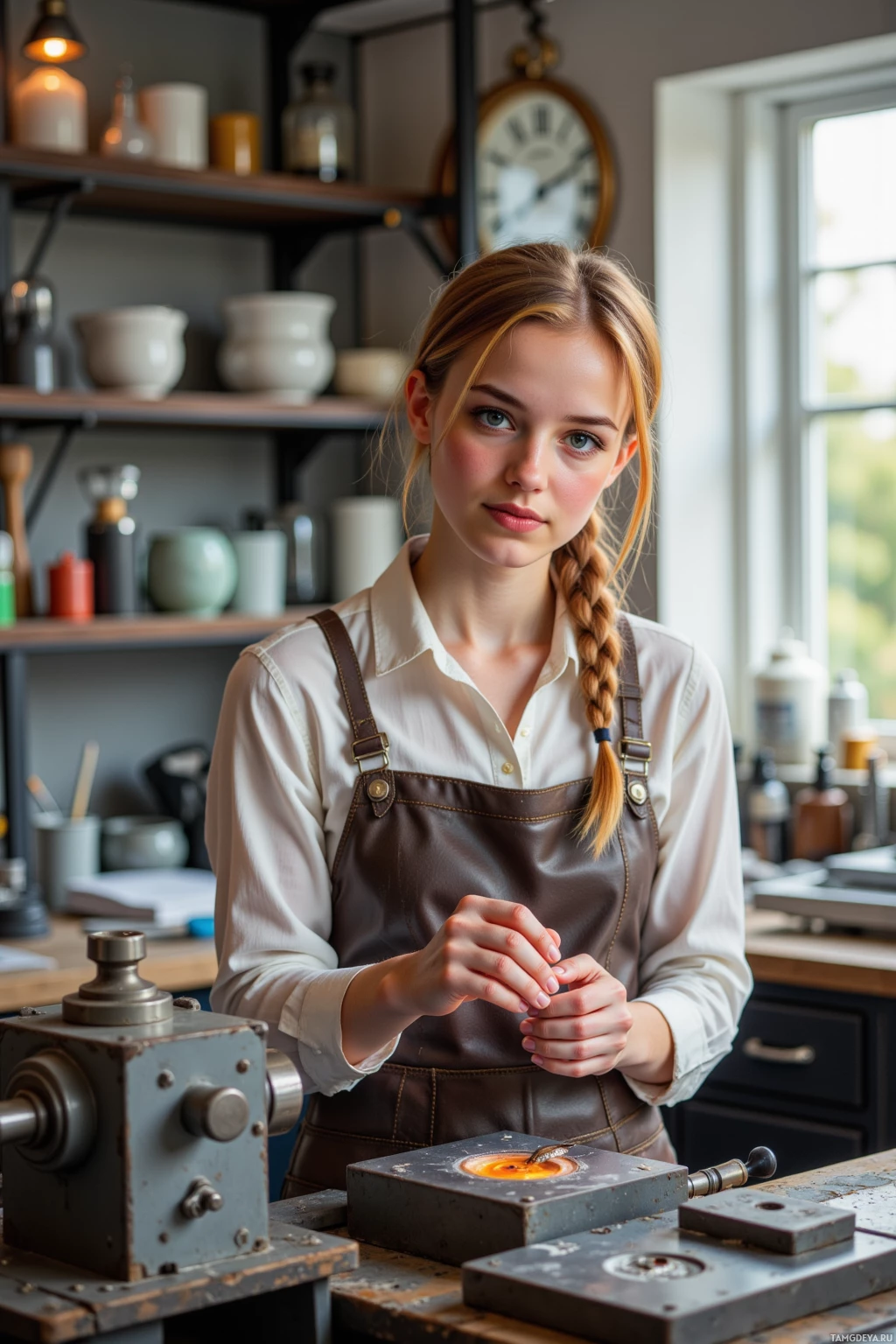 A person wearing an apron stands in a workshop setting, surrounded by tools and equipment.